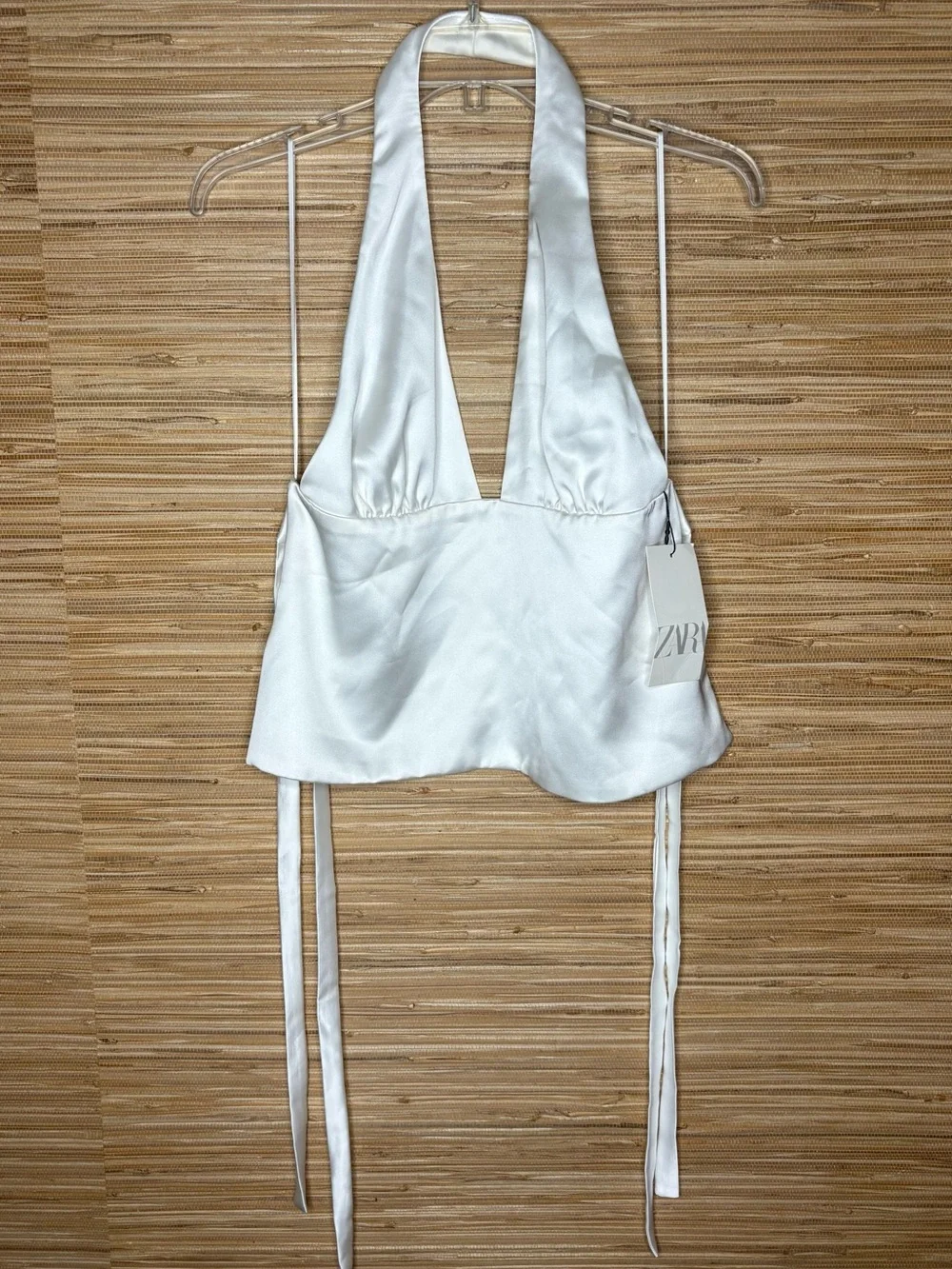 Zara Satin-Effect Tied Halter Top NWT Oyster White Sz M